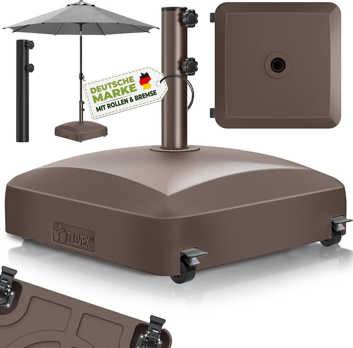 vulbare parasolvoet met wielen en remmen voor grote parasols (Ø