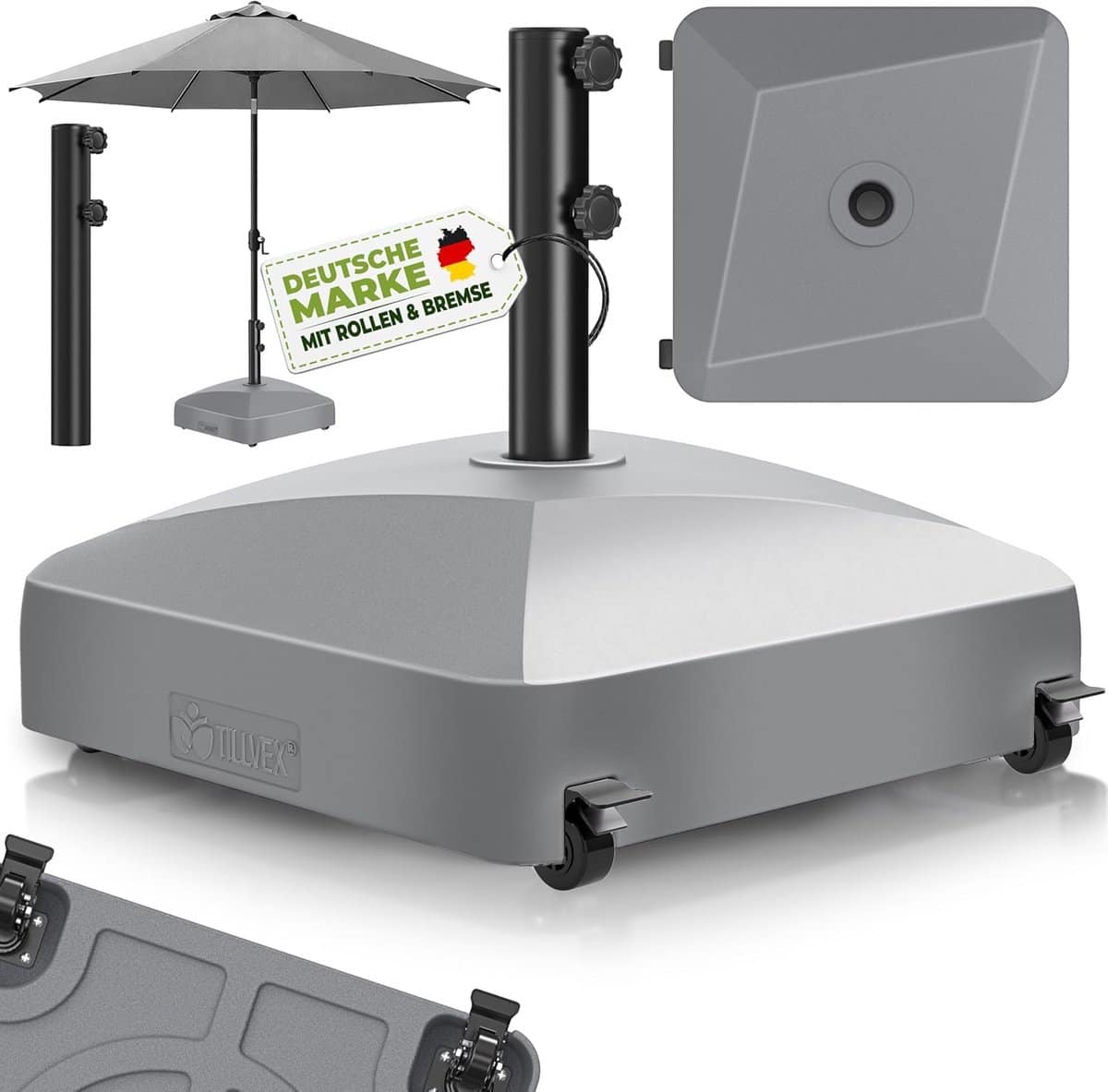 vulbare parasolvoet met wielen en remmen voor grote parasols