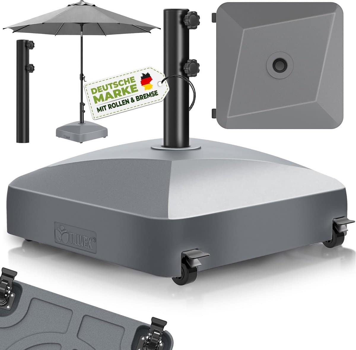 vulbare parasolvoet met wielen en remmen | zwaar parasol gewicht