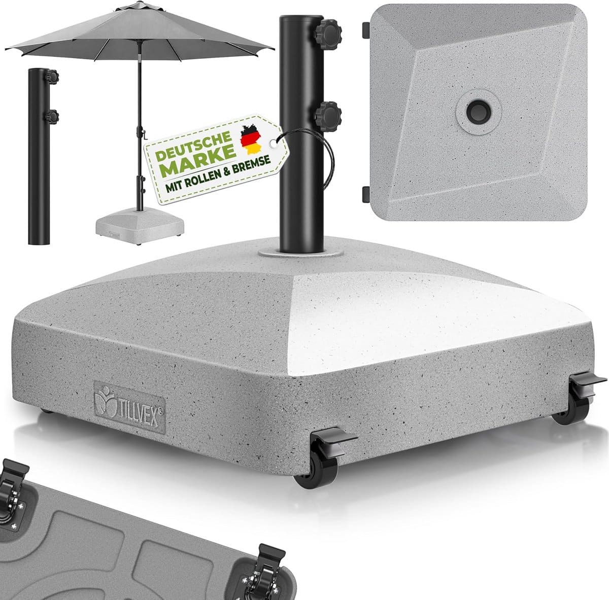 vulbare parasolvoet met wielen en remmen | zwaar parasol gewicht