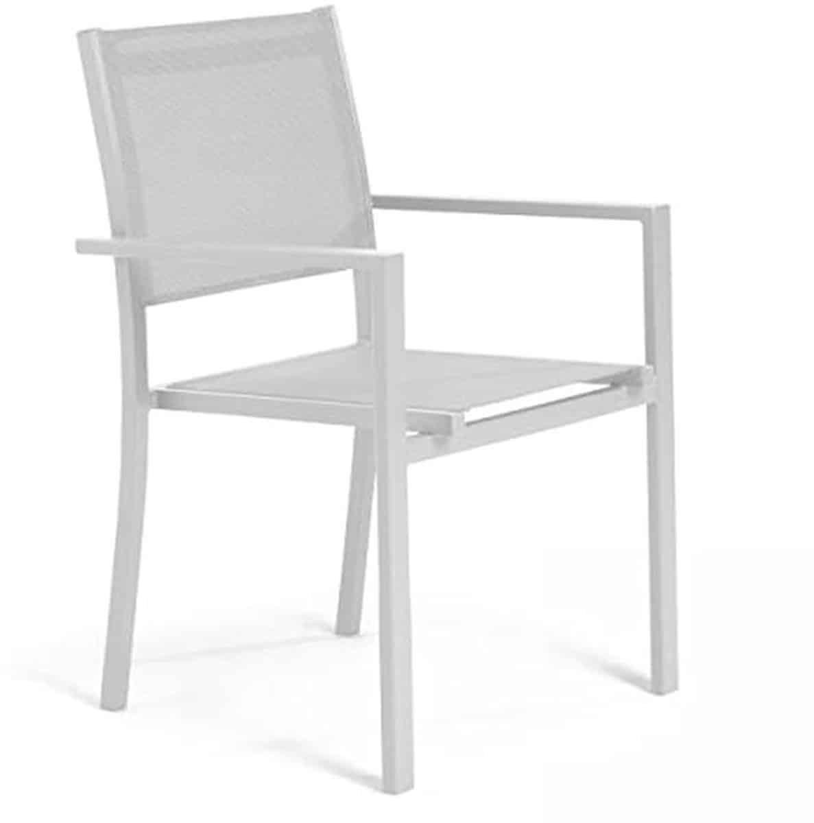 witte tuinstoel van aluminium en textiel, stapelbaar en weerbestendig