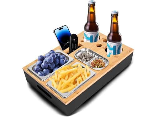 Zwarte Bank Bijzettafel Snackplank met RVS Schalen voor Afstandsbedieningen en