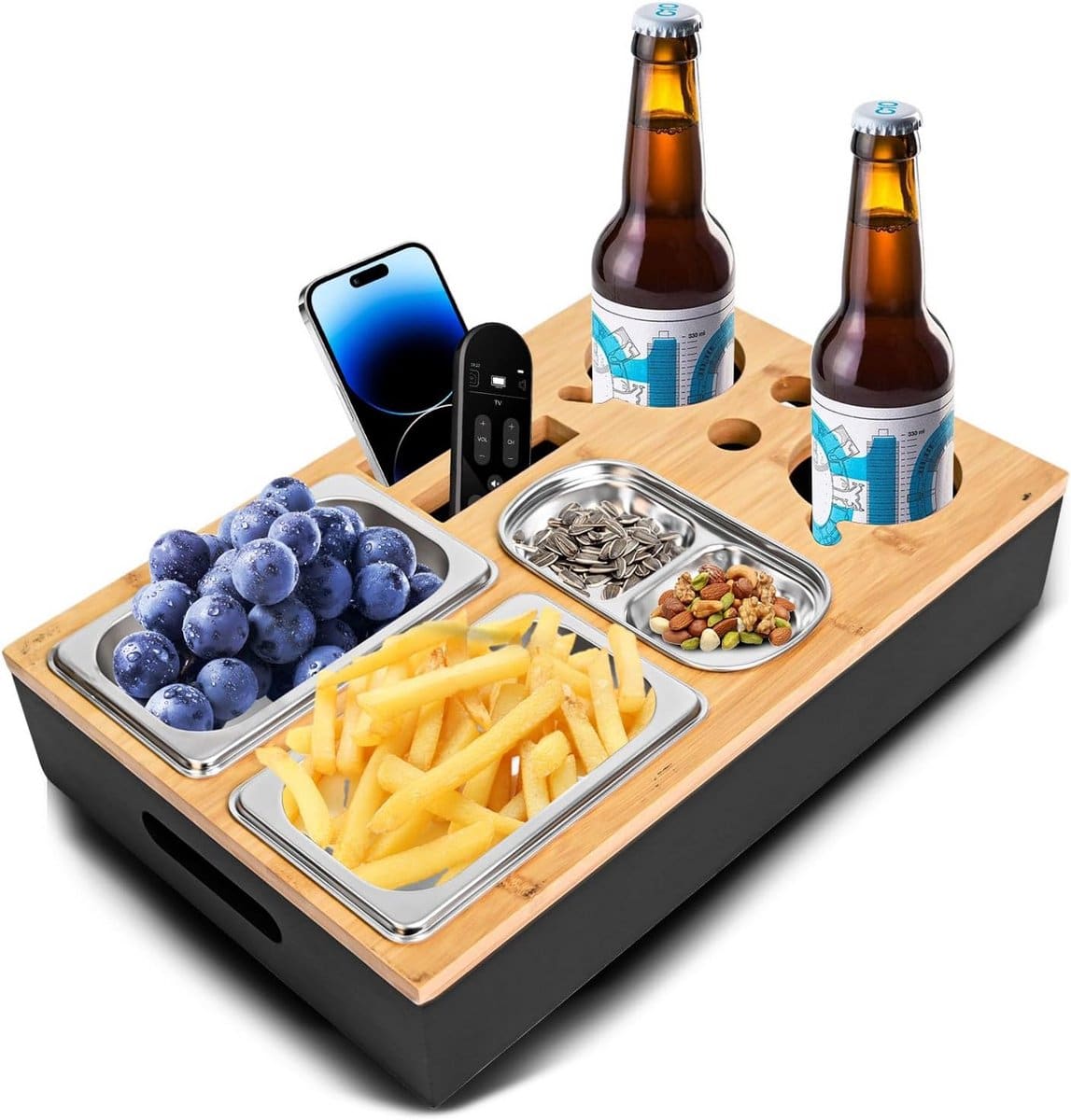 zwarte bank bijzettafel snackplank met rvs schalen voor afstandsbedieningen en