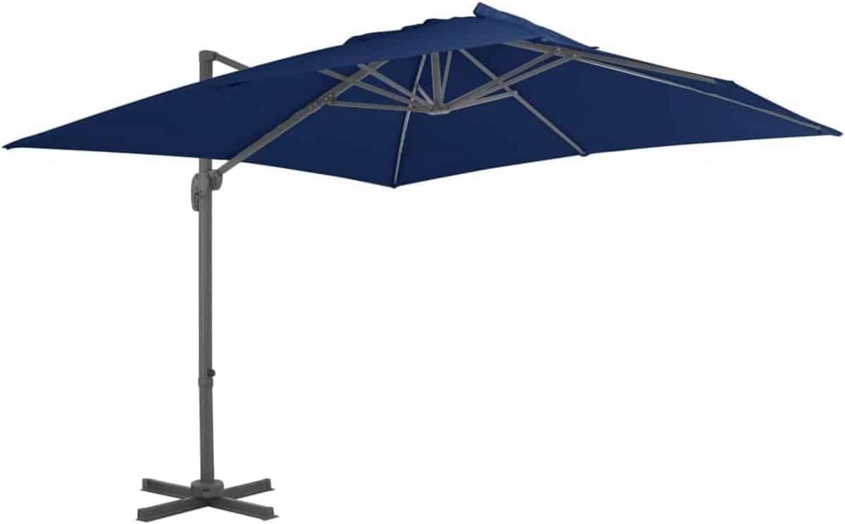 zweefparasol 3×3 meter met aluminium paal en kruisvoet azuurblauw