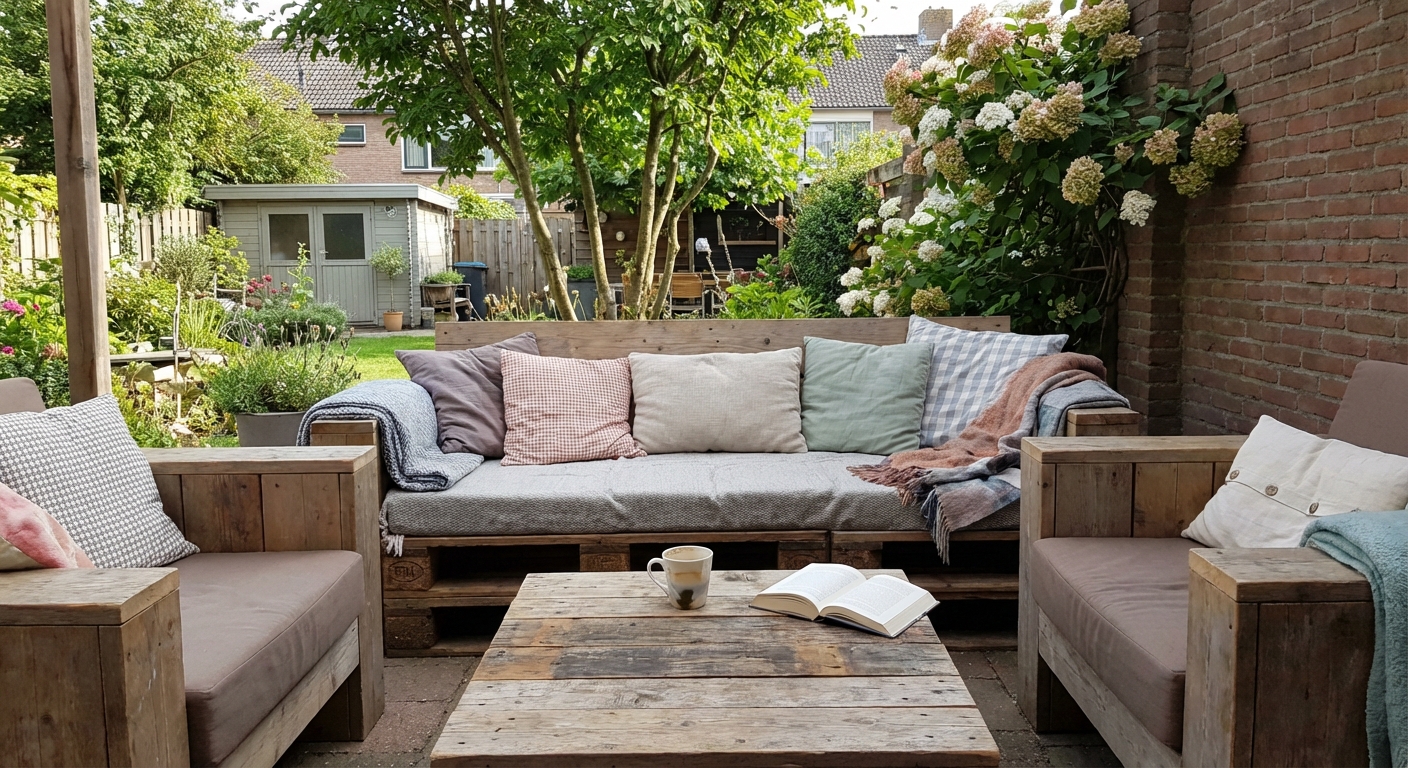 Gezellige houten loungeset in groene achtertuin