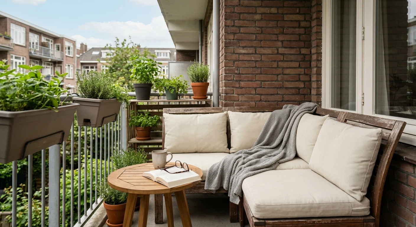 Gezellig balkon met bank, planten en tafeltje