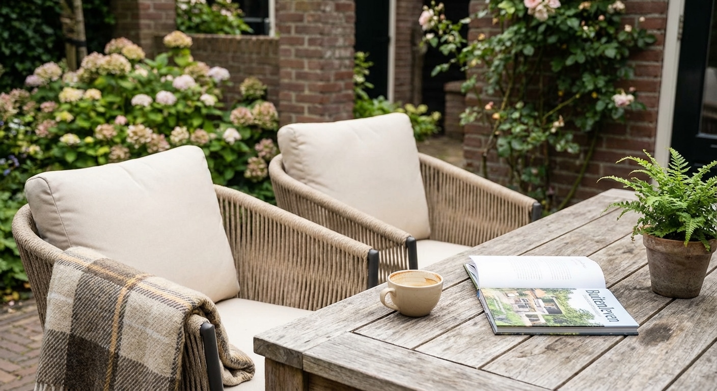 Gezellig terras met houten tafel en stoelen