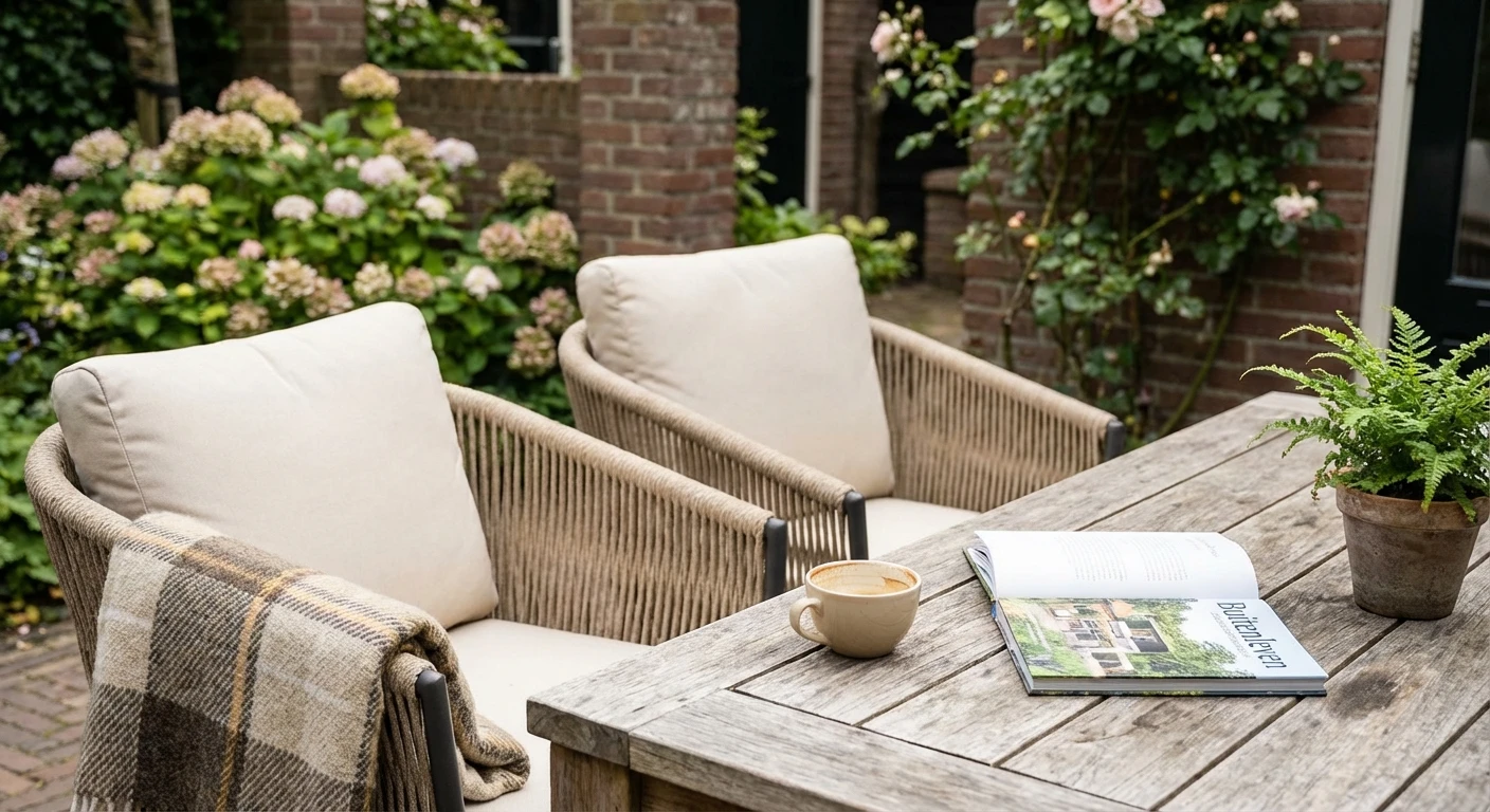 Gezellig terras met houten tafel en stoelen