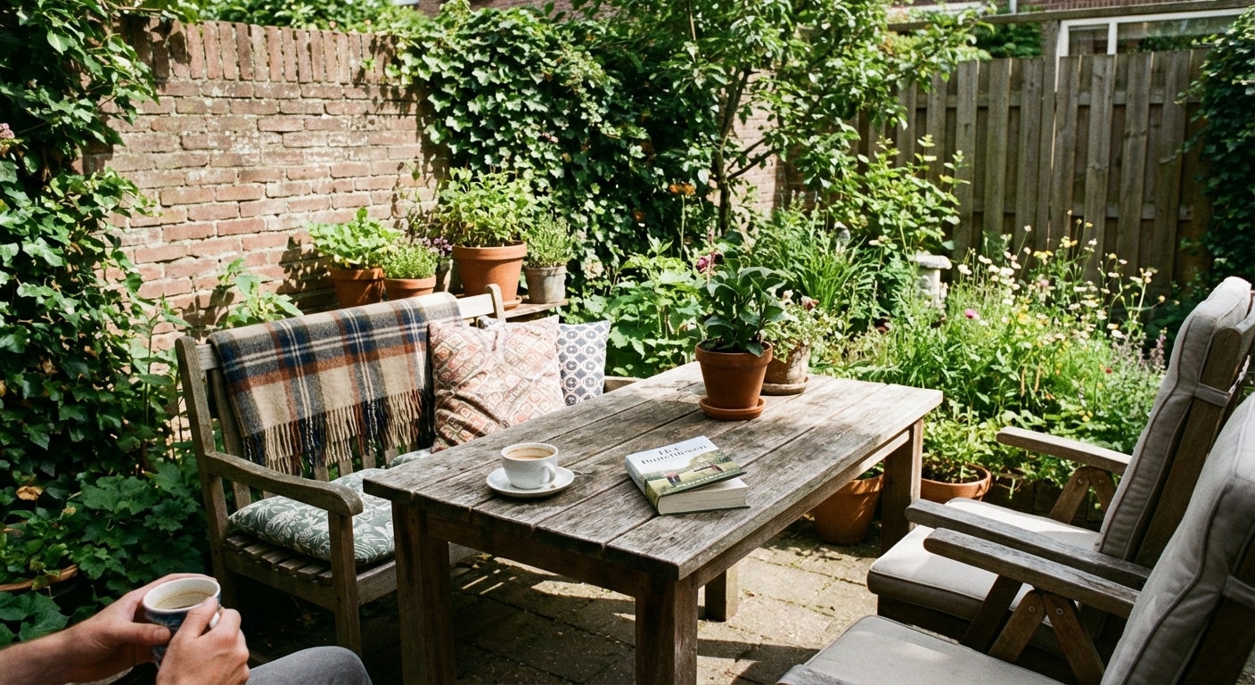 Gezellige tuin met houten tafel en koffie