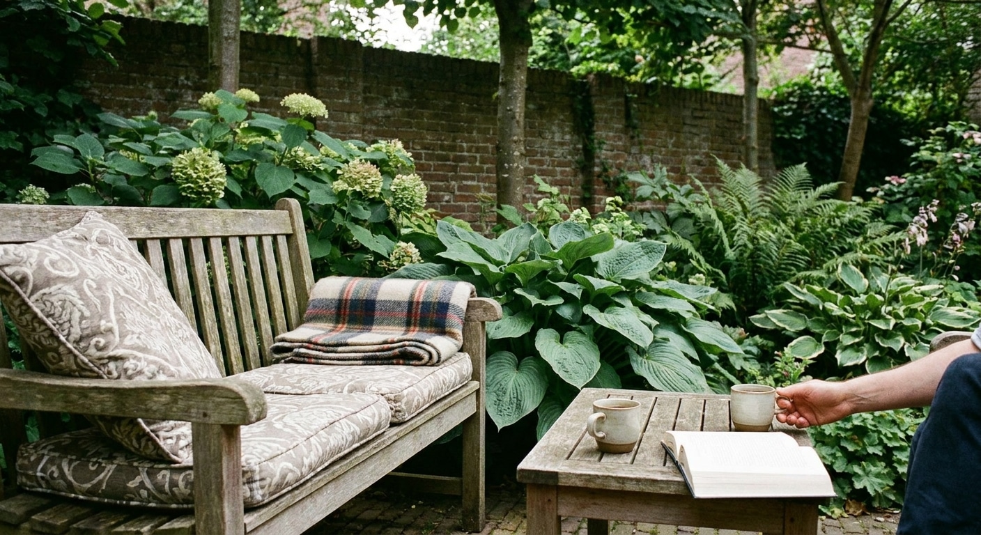 Houten tuinbank met kussens en koffiekopjes
