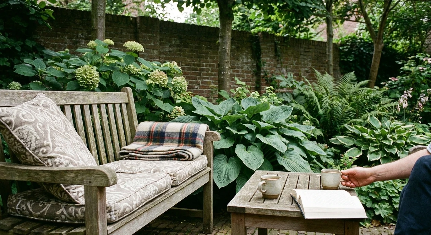 Houten tuinbank met kussens en koffiekopjes