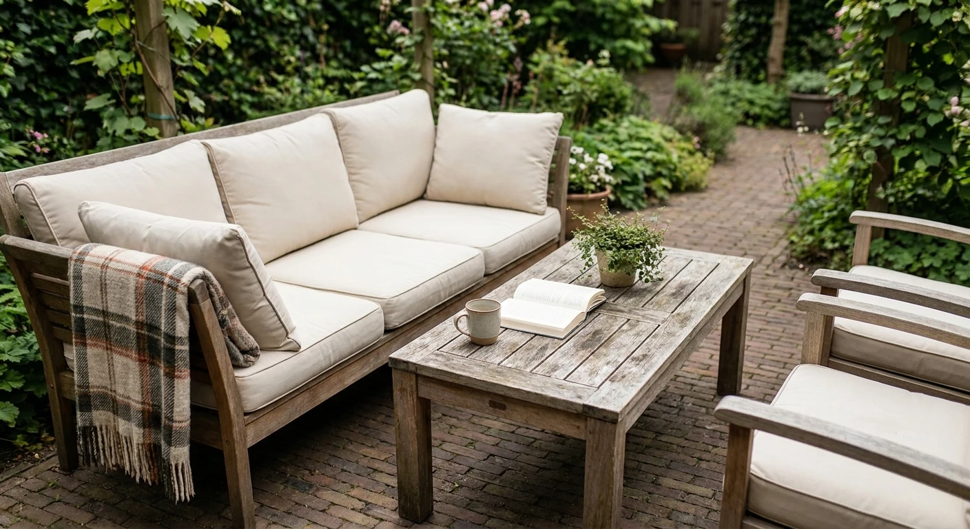 Gezellige houten loungeset in groene tuin