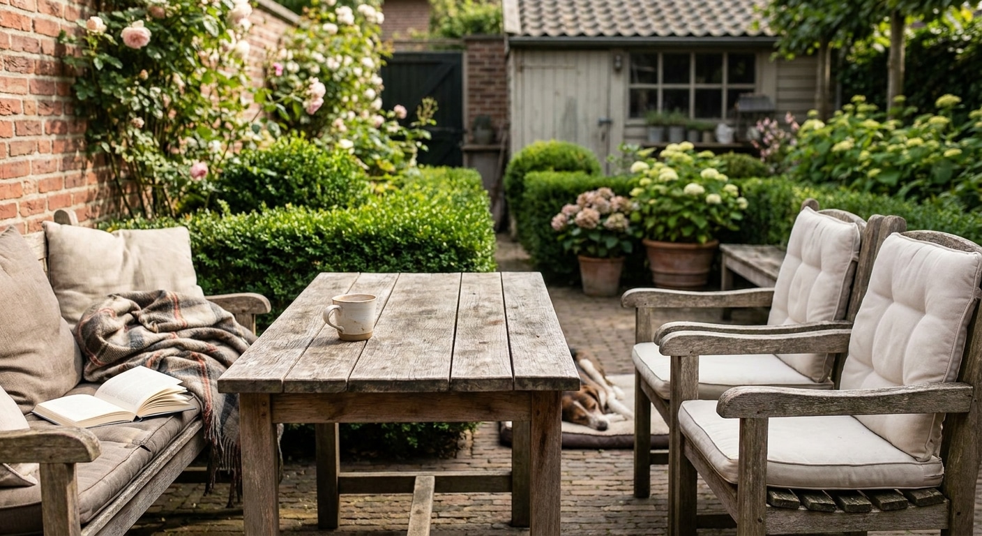 Gezellige tuin met houten tafel en stoelen