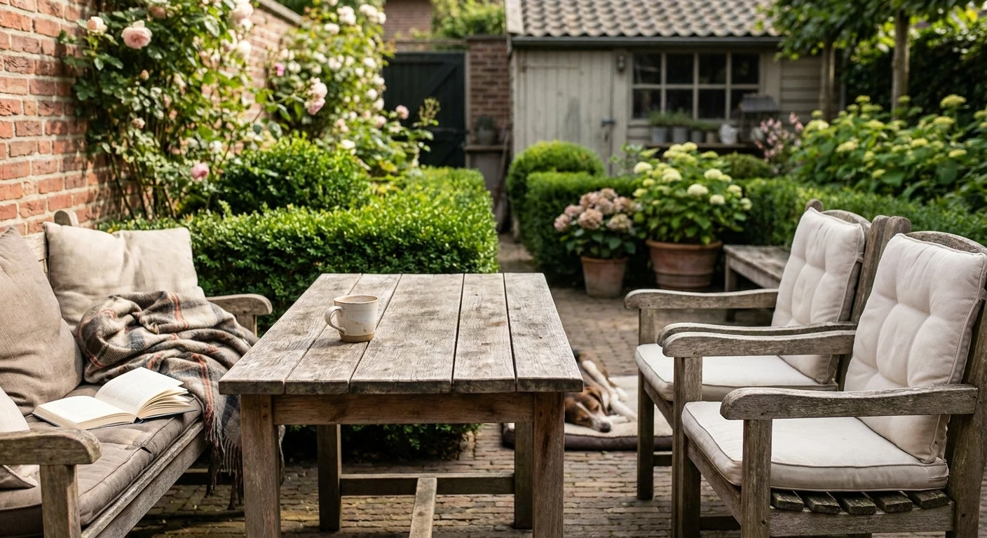 Gezellige tuin met houten tafel en stoelen