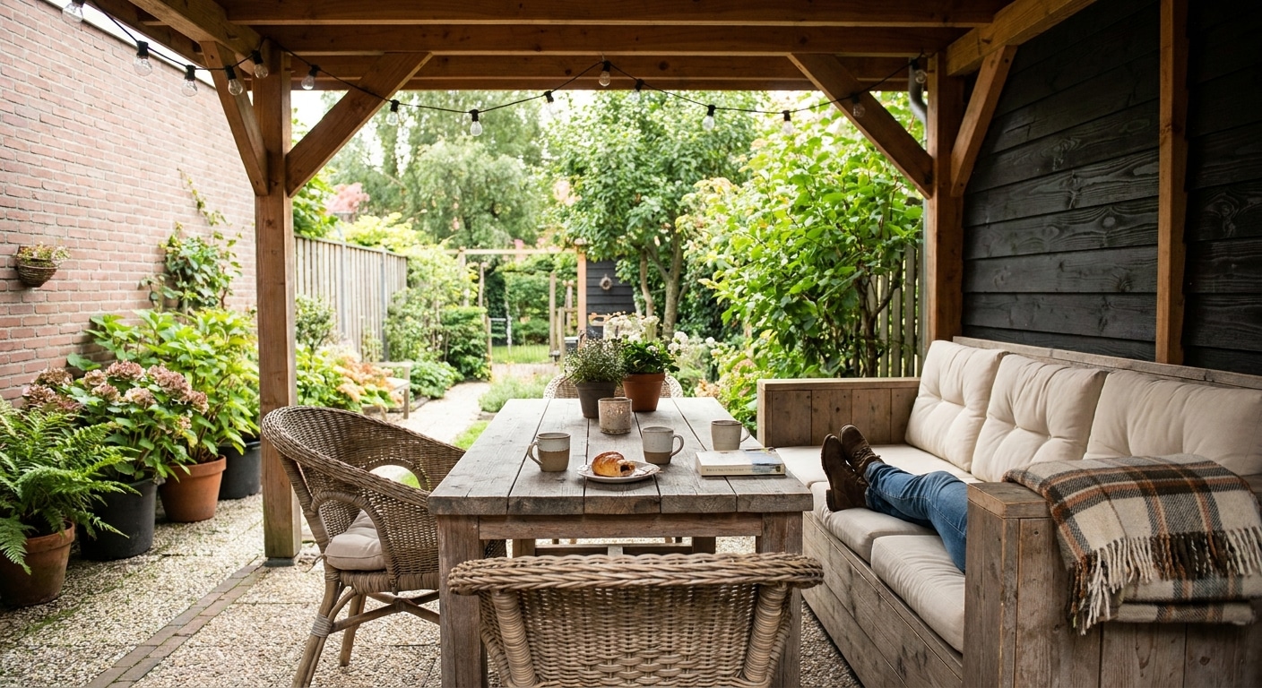 Overdekt terras met houten tafel en tuin