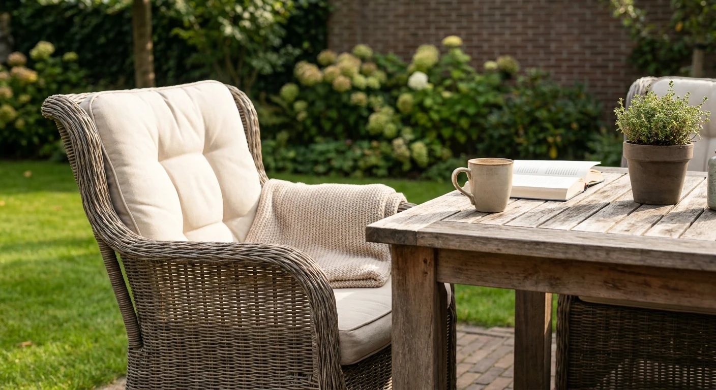 Gezellige tuinset met stoel, tafel en koffiemok