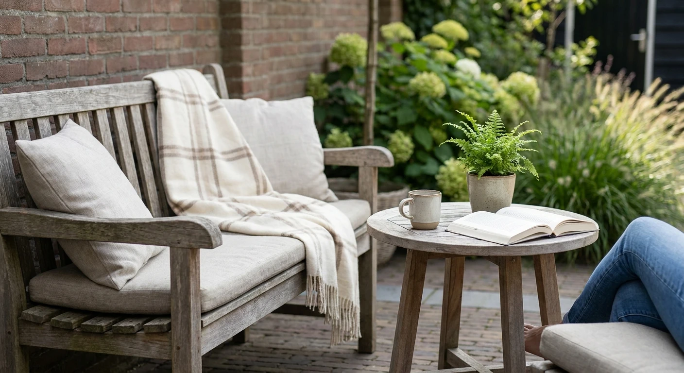 Gezellige tuinbank met boek en koffie