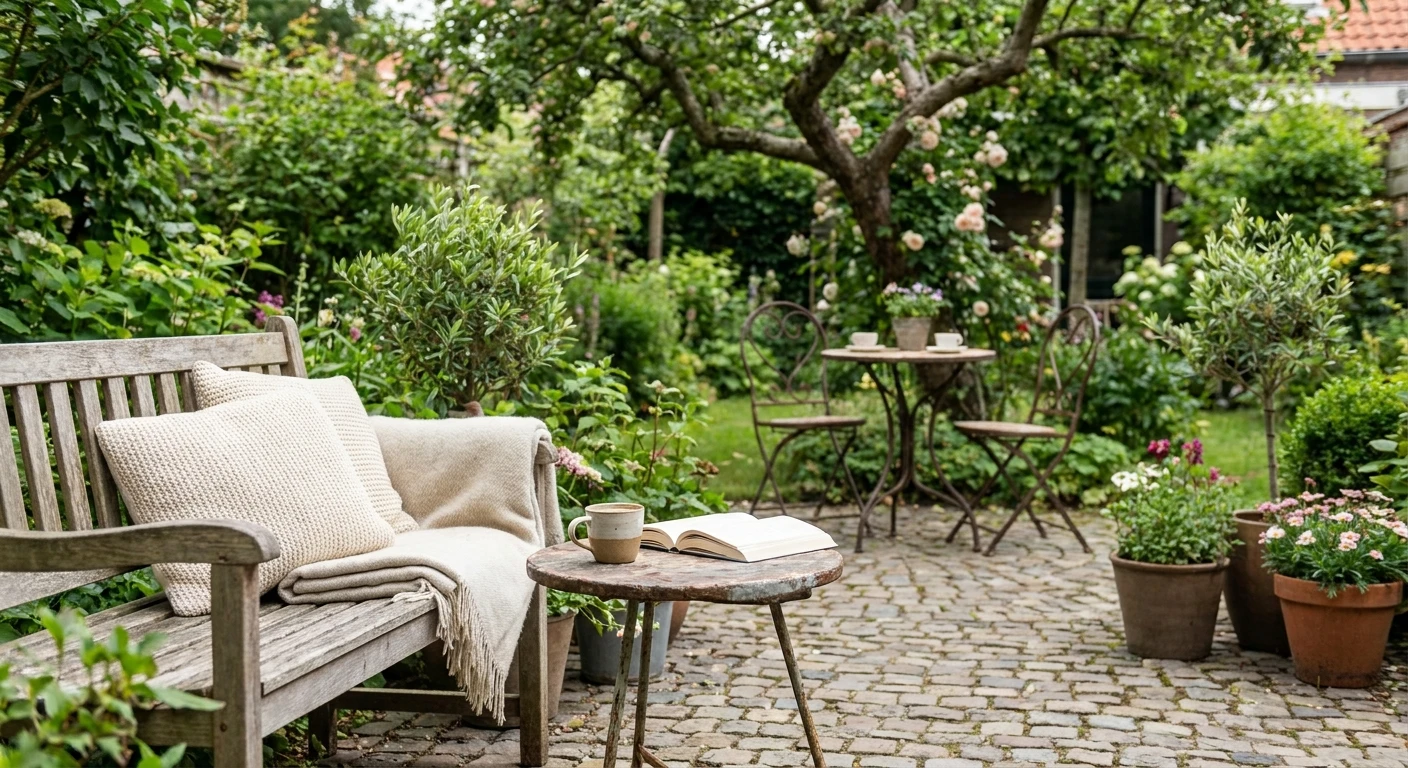 Gezellige tuin met bank, tafel en veel groen