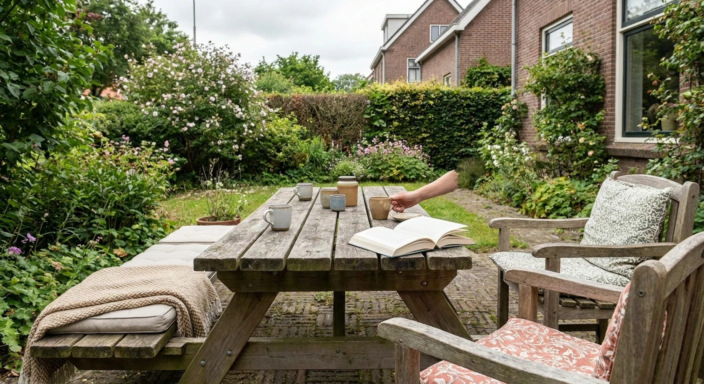 Gezellige tuin met houten tafel en koffiekopjes