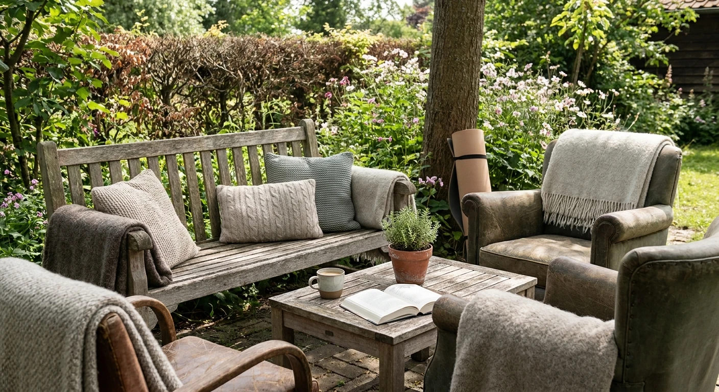 Gezellige tuinset met bank, stoelen en koffietafel
