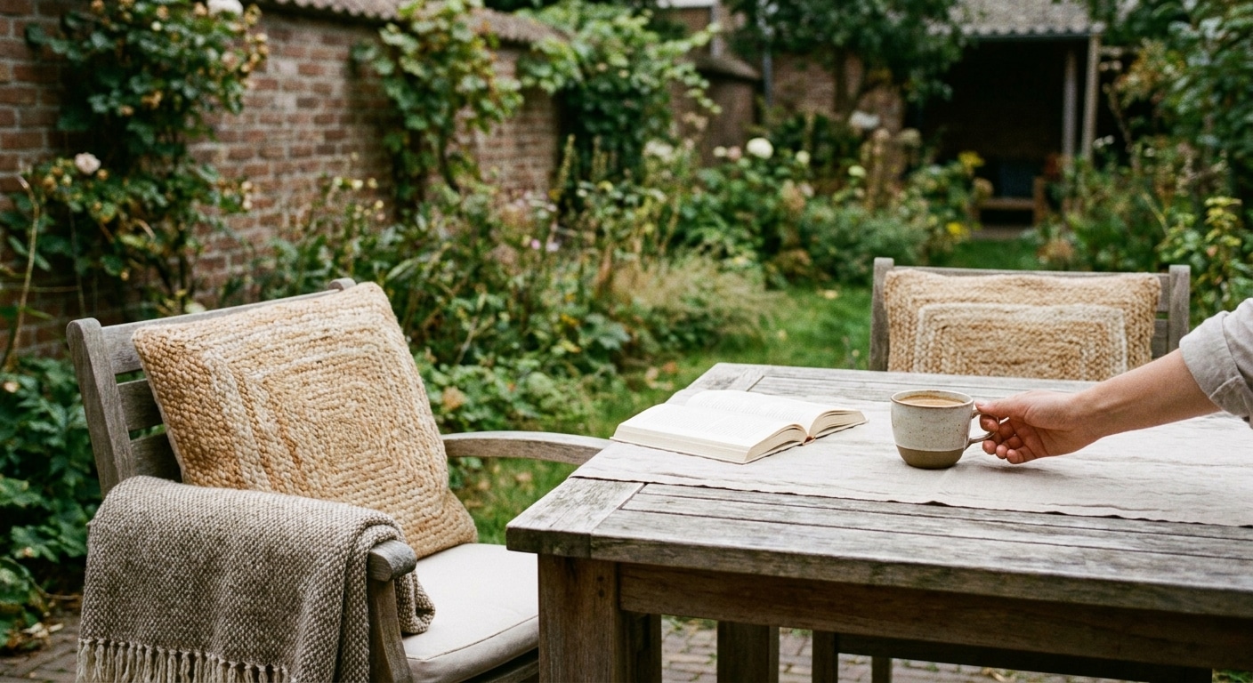 Rustieke tuintafel met boek en koffiekopje