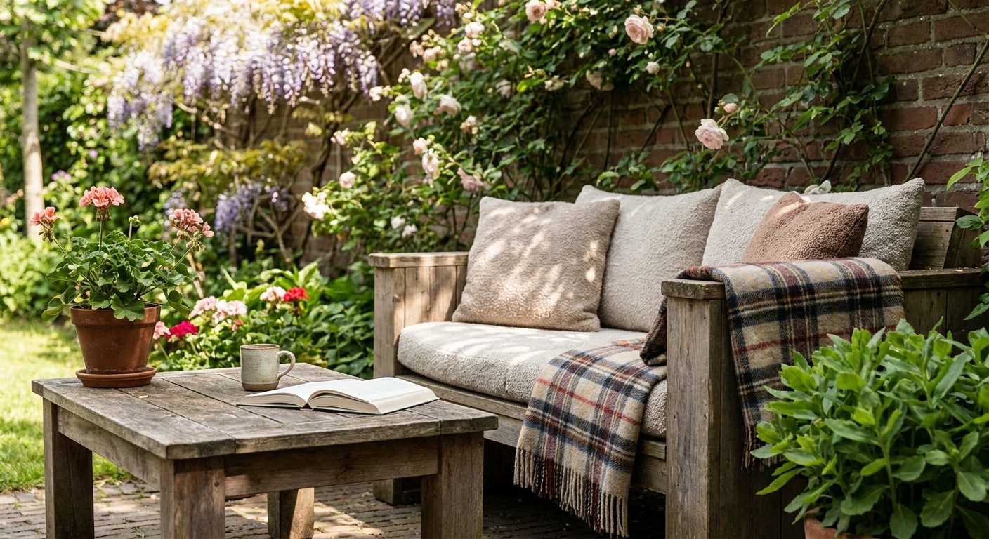 Gezellige houten tuinbank met kussens en bloemen