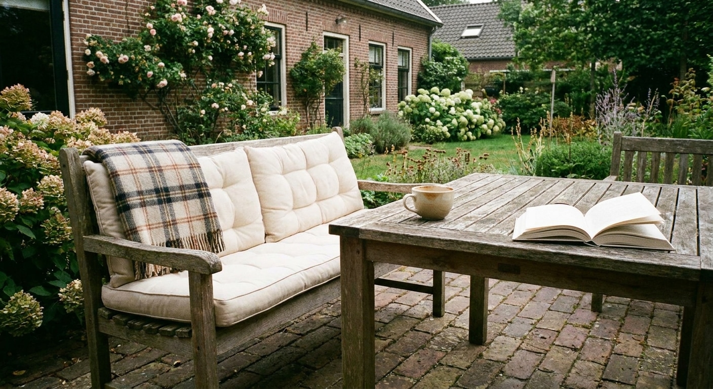 Gezellige tuin met houten tafel en bank