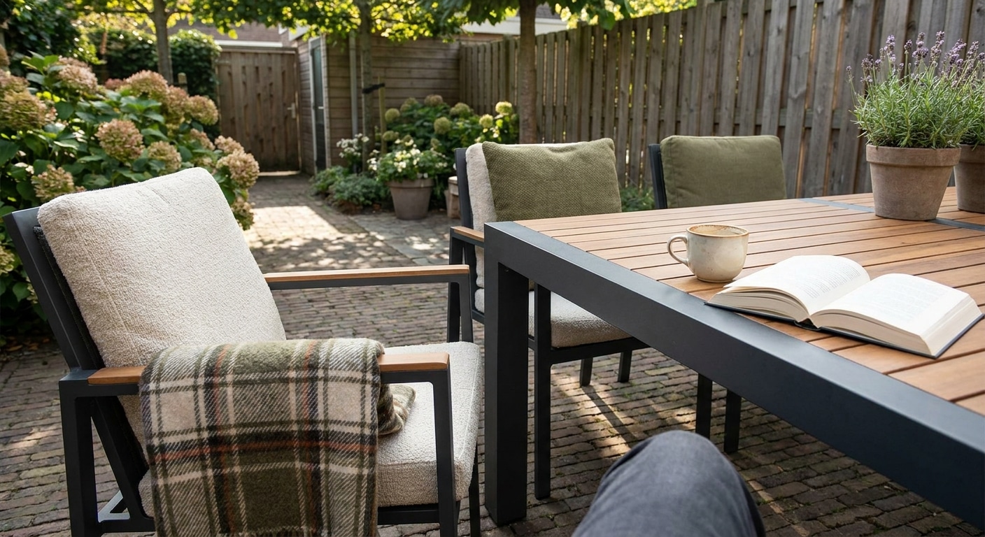 Gezellige tuinset met boek en koffie op tafel