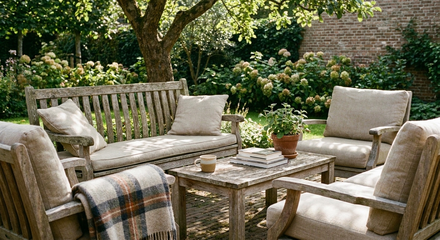 Gezellige houten tuinset onder boom