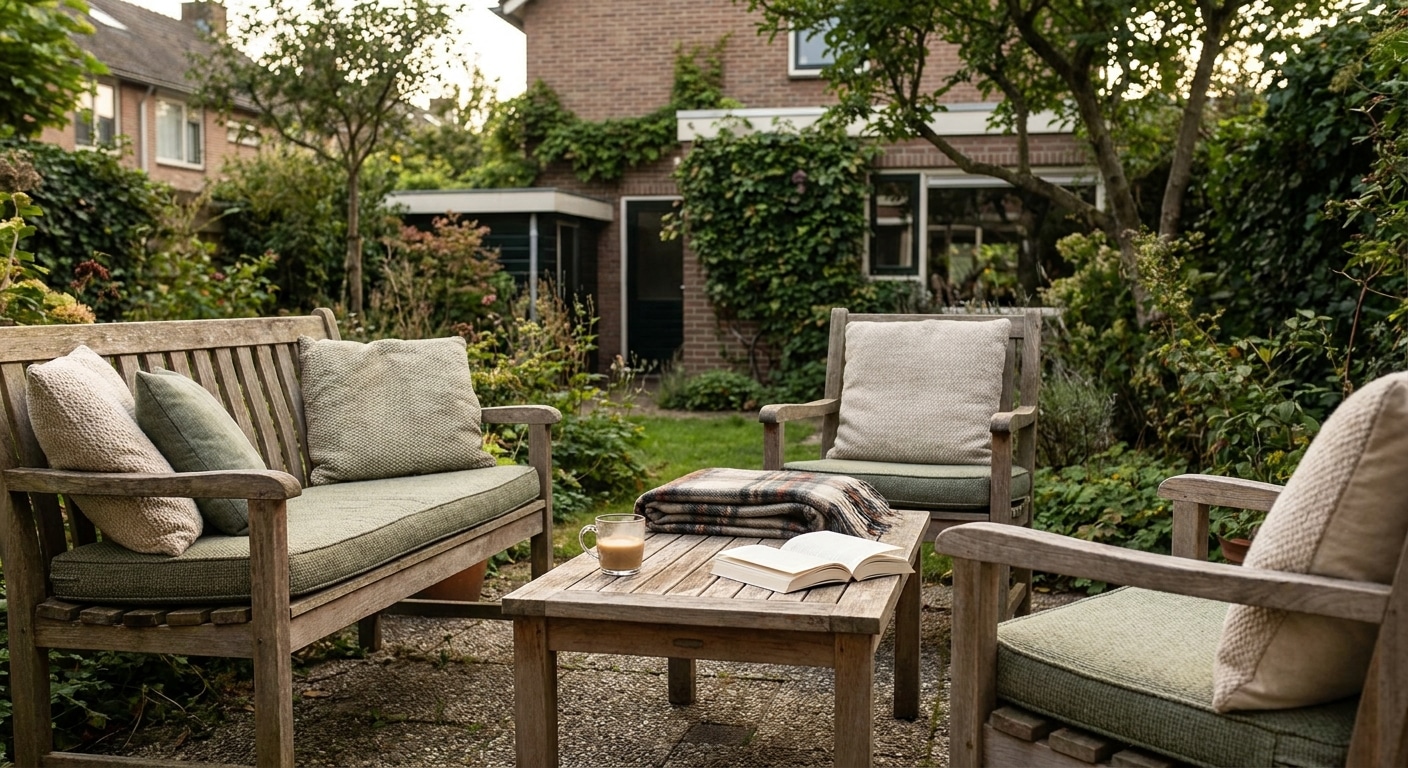 Gezellige tuinset met houten stoelen en tafel