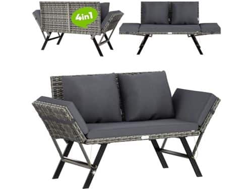 2-in-1 Polyrattan Tuinbank en Ligbed 176 cm - Verstelbare Armleuningen