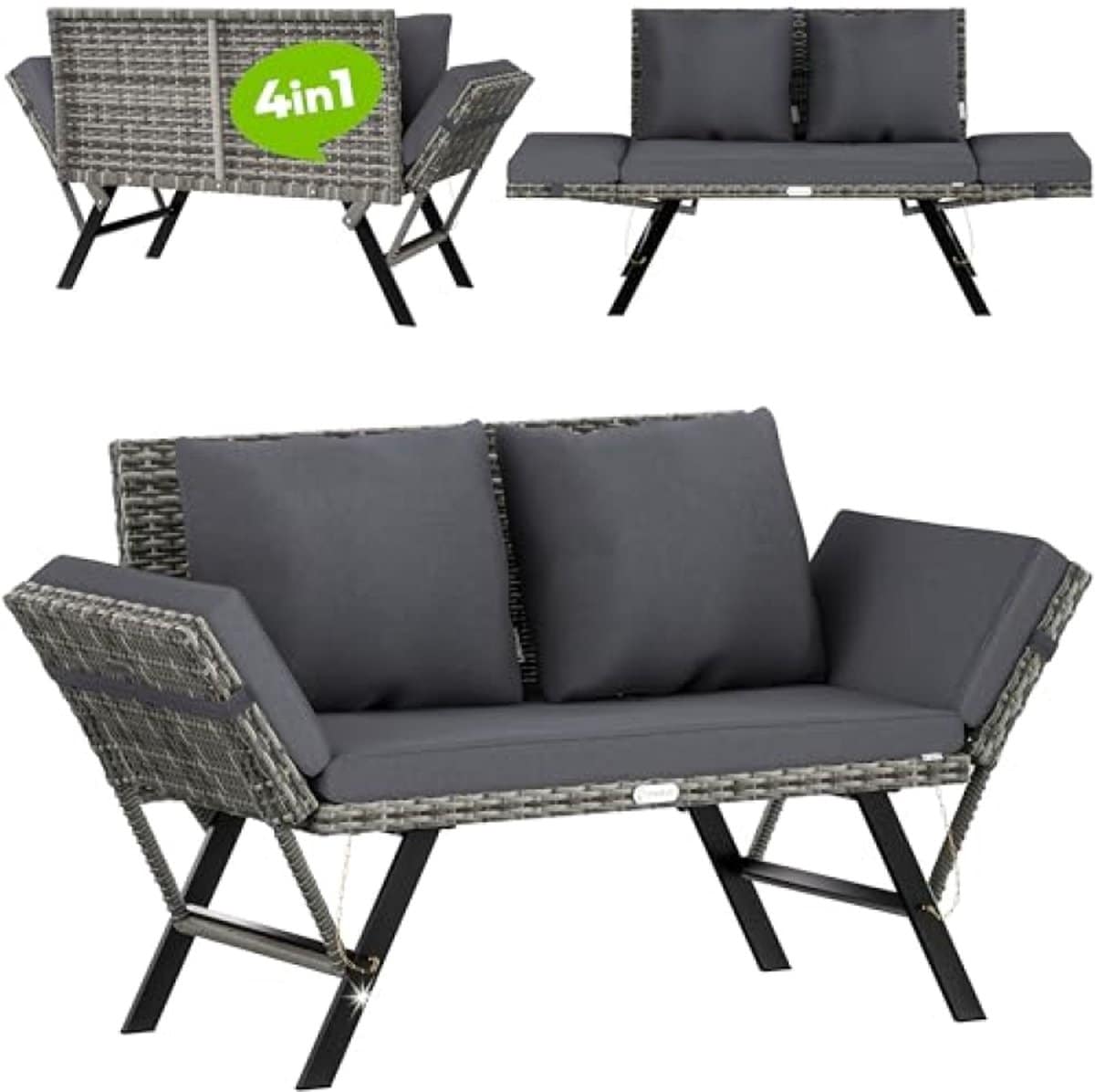 2 in 1 polyrattan tuinbank en ligbed 176 cm verstelbare armleuningen