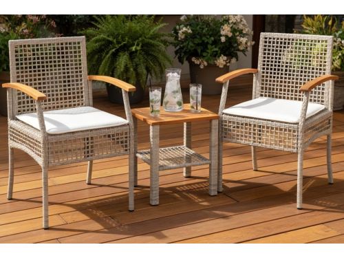 3-delige Bistroset Tuinmeubelset Beige Polyrattan met Acaciahouten Tafelblad