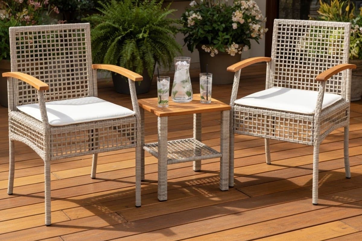 3 delige bistroset tuinmeubelset beige polyrattan met acaciahouten tafelblad