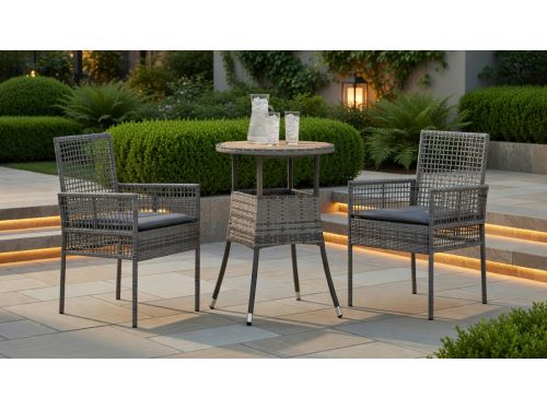 3-delige Grijze Polyrattan Tuinmeubelset met Tafel en Stoelen