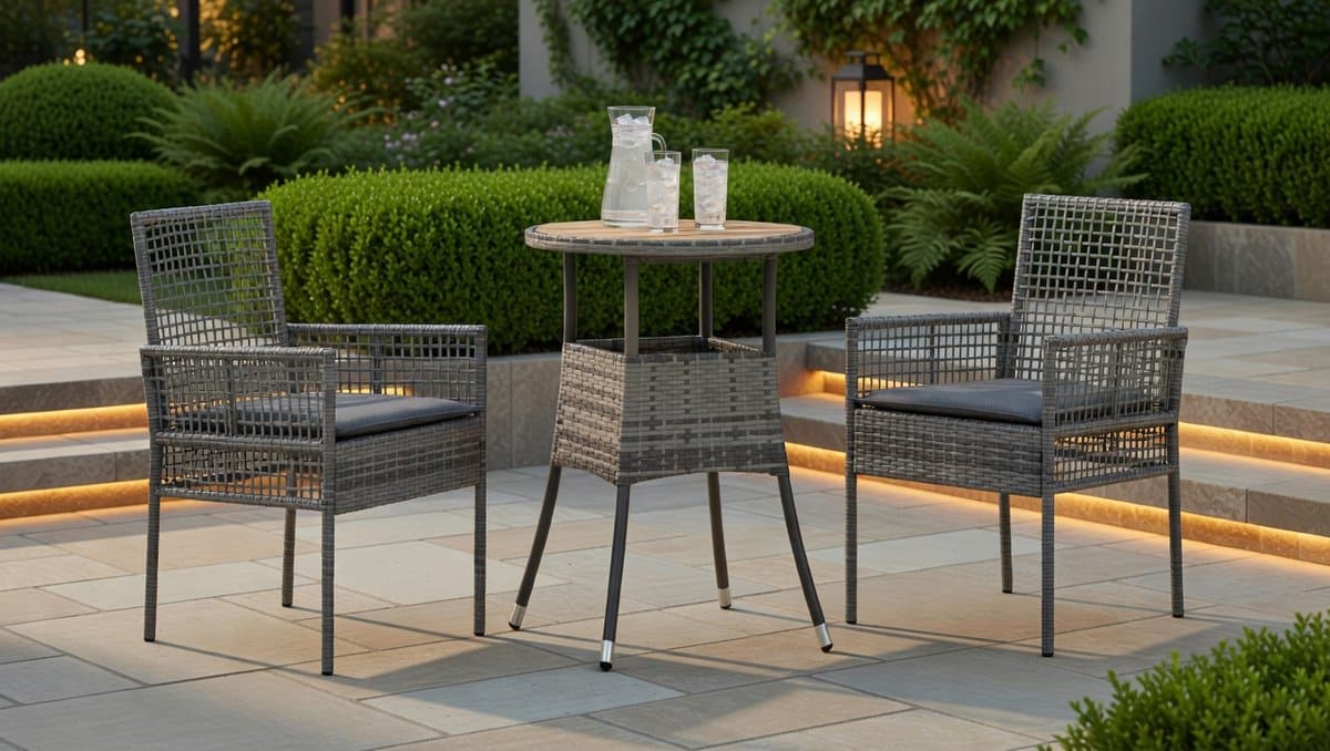 3 delige grijze polyrattan tuinmeubelset met tafel en stoelen