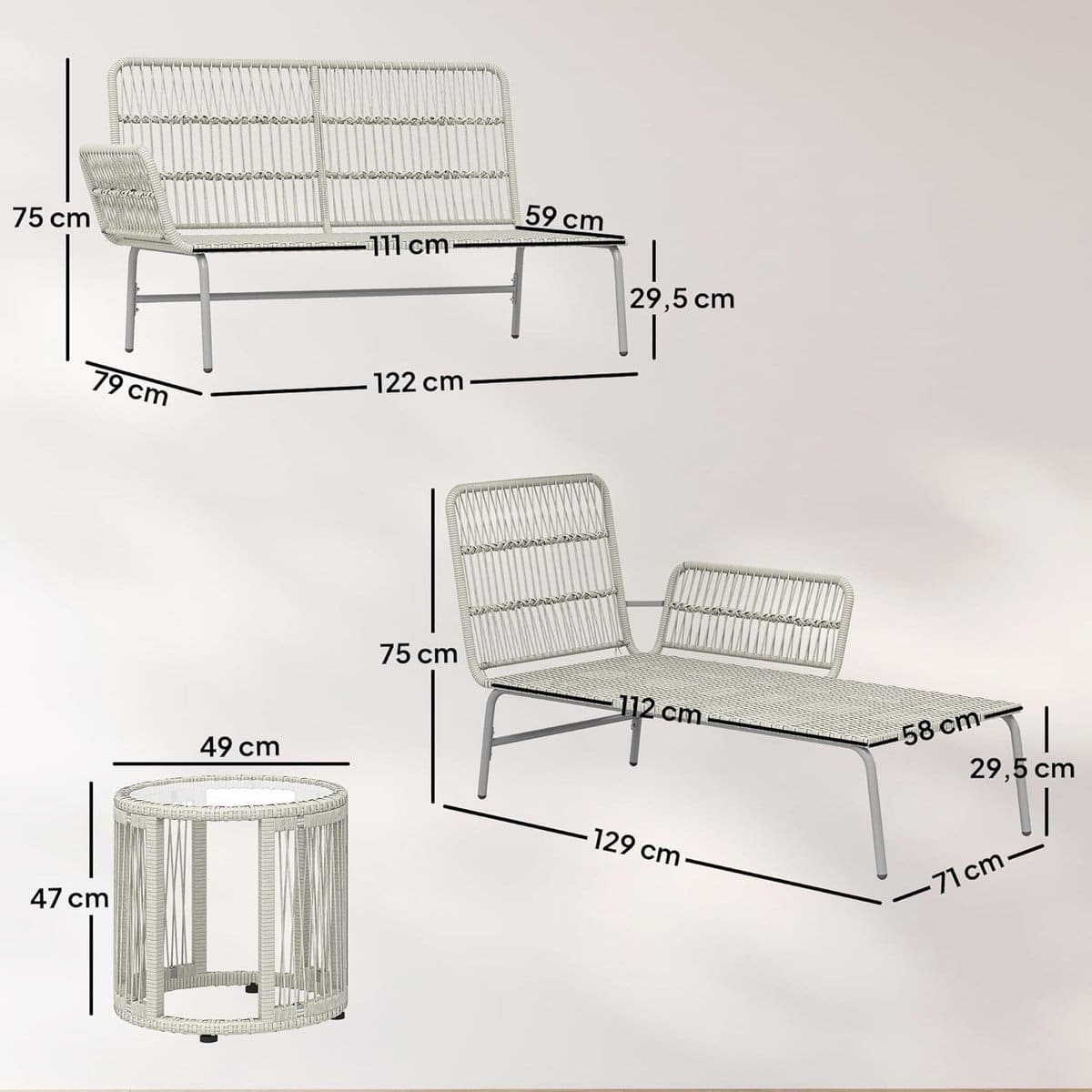 3 delige luxe loungeset voor buiten chaise longue, tweezitsbank en