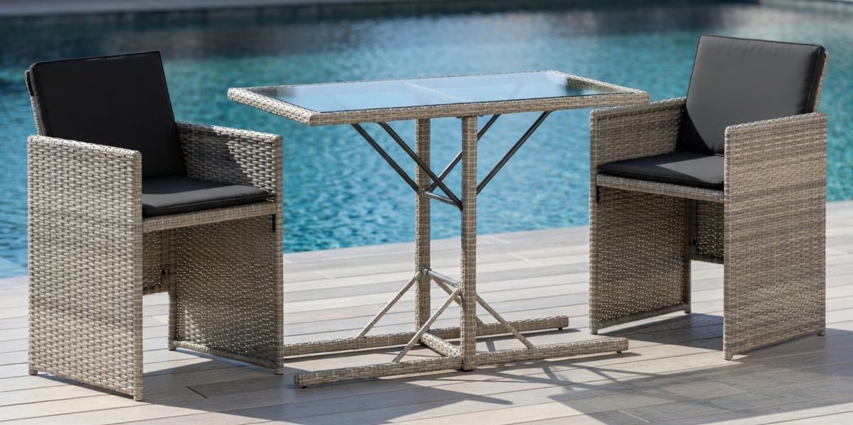 3 delige luxe polyrattan bistroset met kussens lichtgrijs | inklapbare