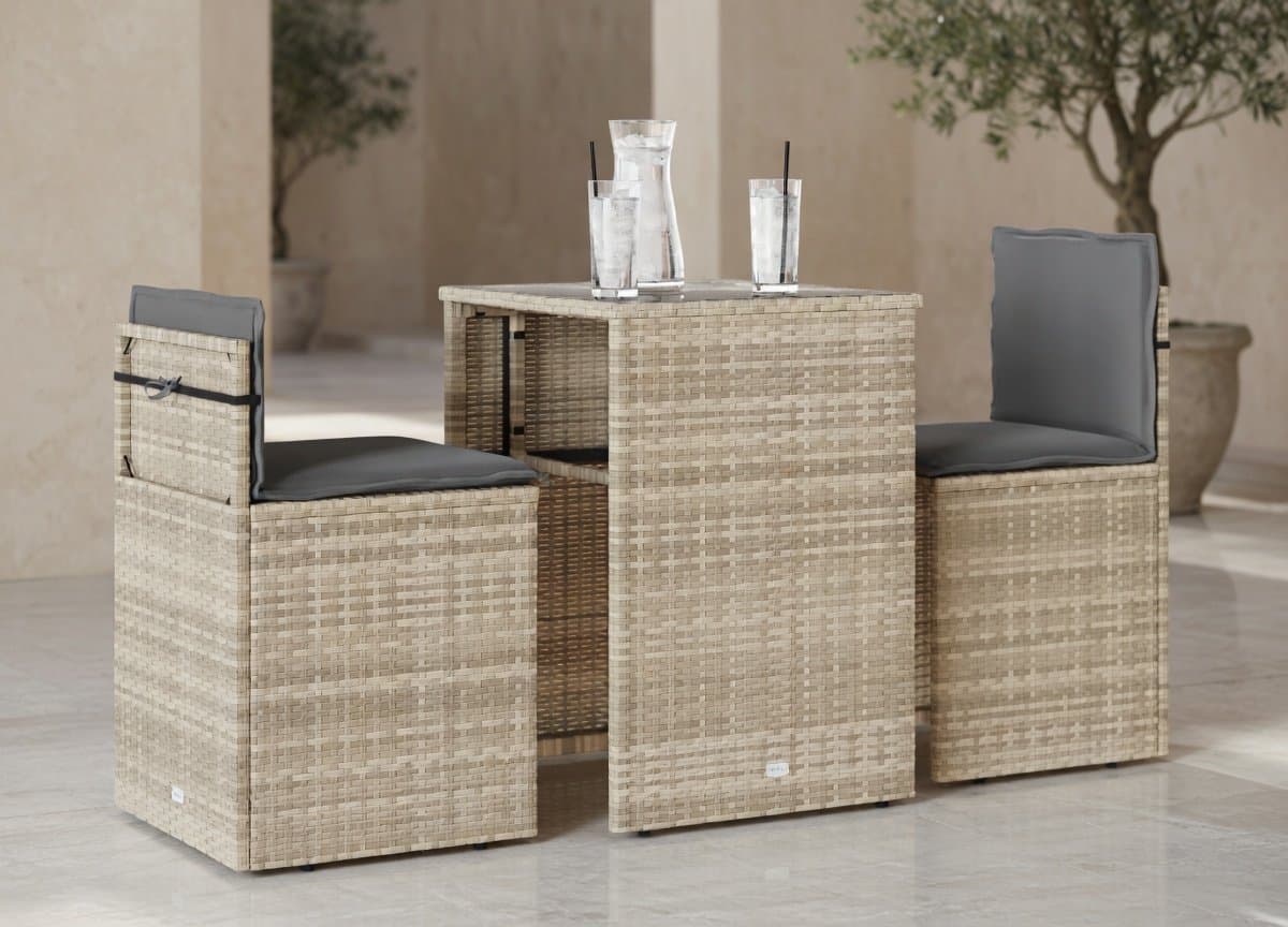 3 delige polyrattan bistroset met kussens lichtgrijs | medahomestore