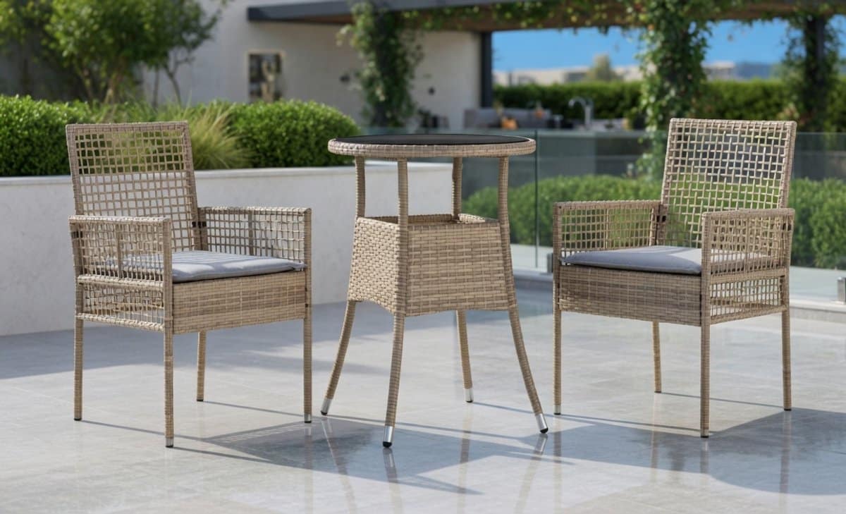3 delige polyrattan tuinmeubelset beige bistro set met tafel en