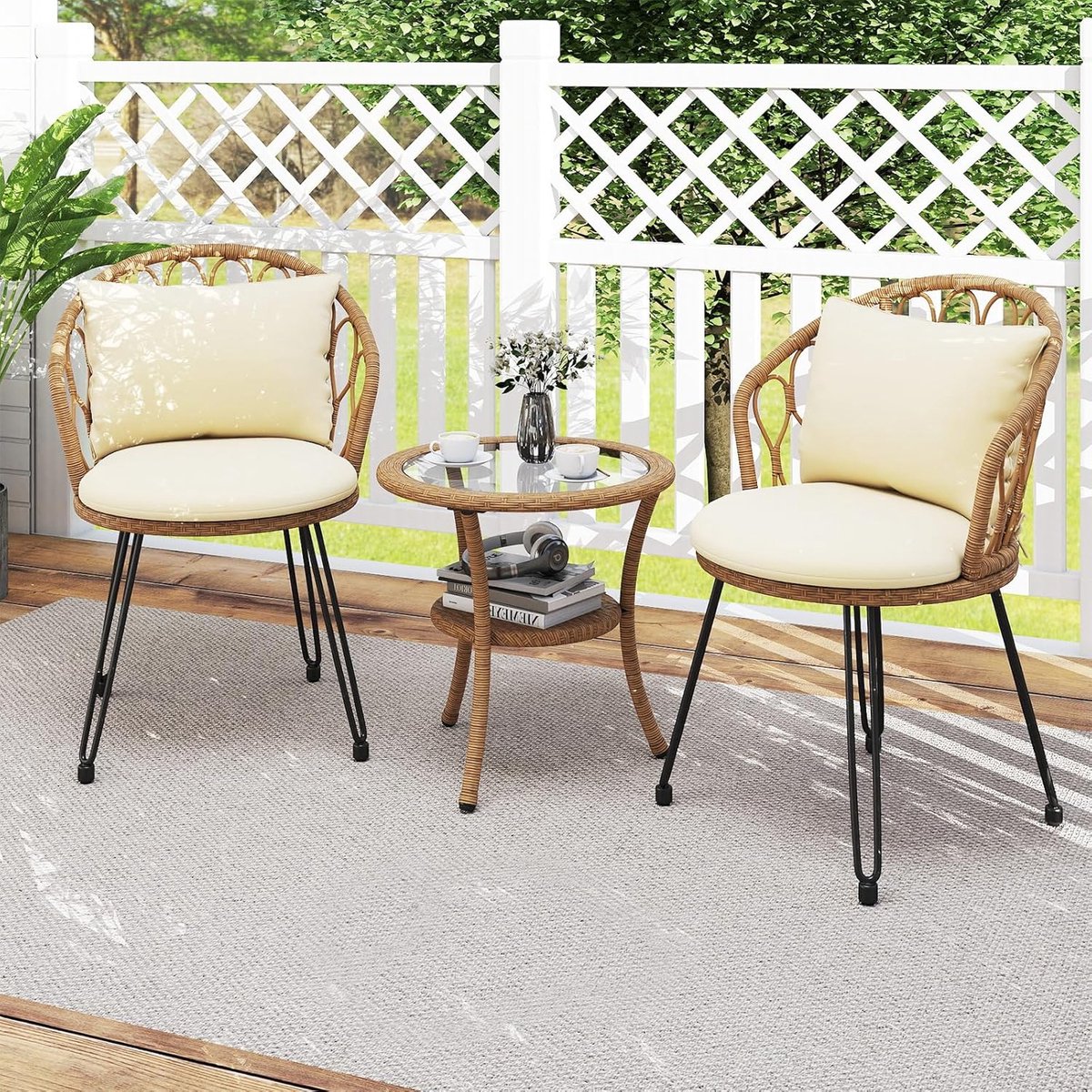 3 delige rattan balkonset voor 2 personen met tafel en kussens