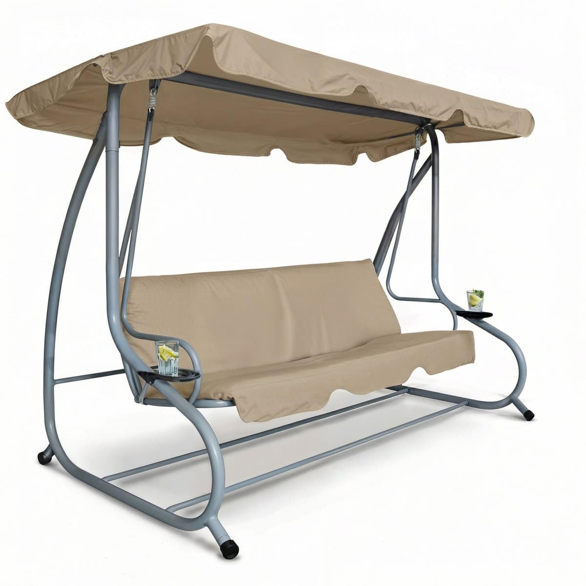 3 persoons schommelbank tuin donker beige met dak en bekerhouder