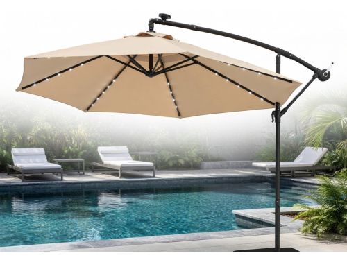 300 cm Zweefparasol met LED Solar Verlichting, Zandzakken & Zwengel