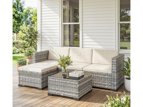 5-delige Luxe Polyrotan Hoek Loungeset met Tafel, Kruk en Dikke