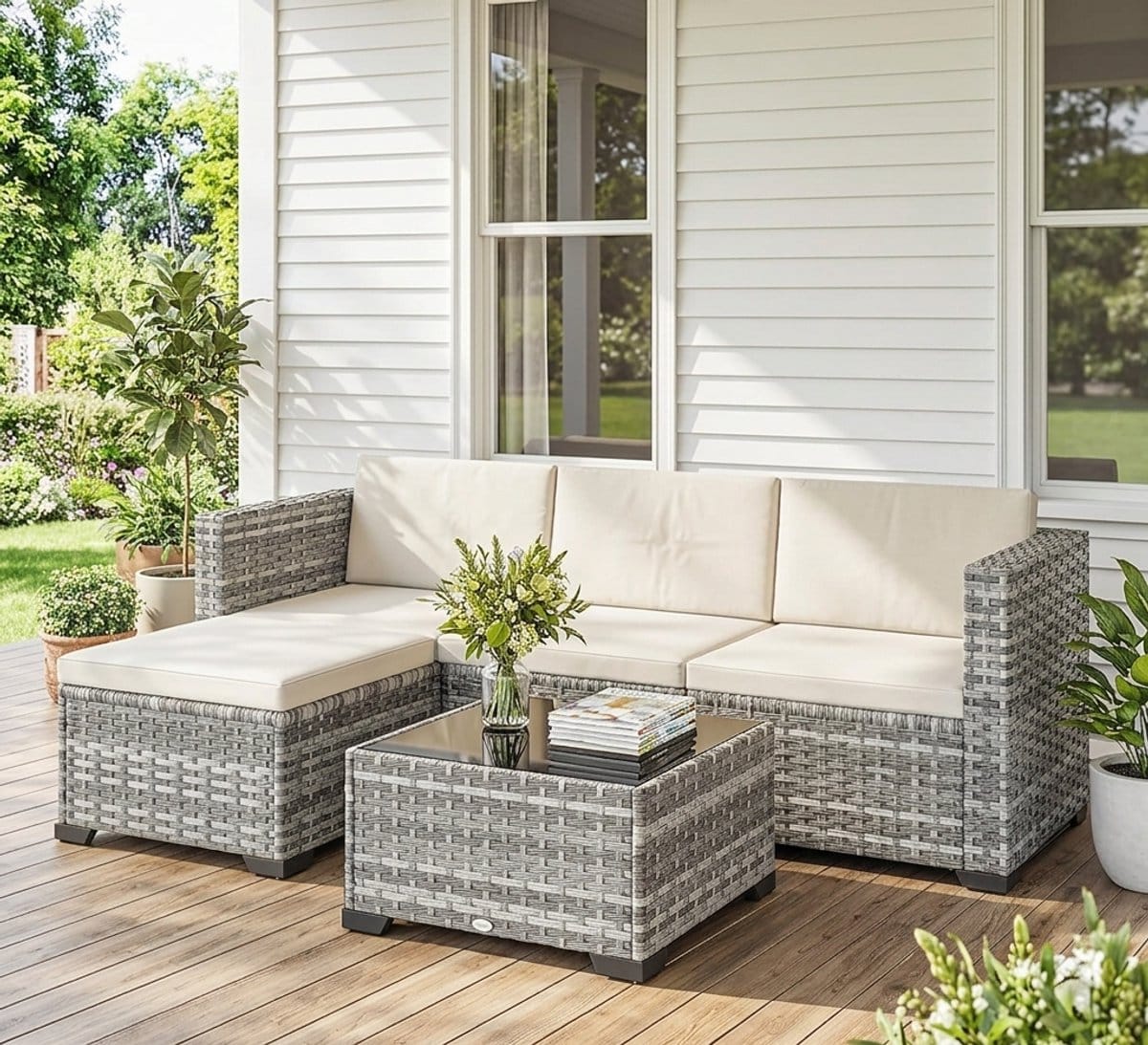 5 delige luxe polyrotan hoek loungeset met tafel, kruk en dikke