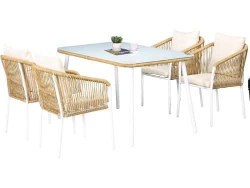 5-delige Poly Rattan Tuinset met Stapelbare Stoelen en Glazen Tafel