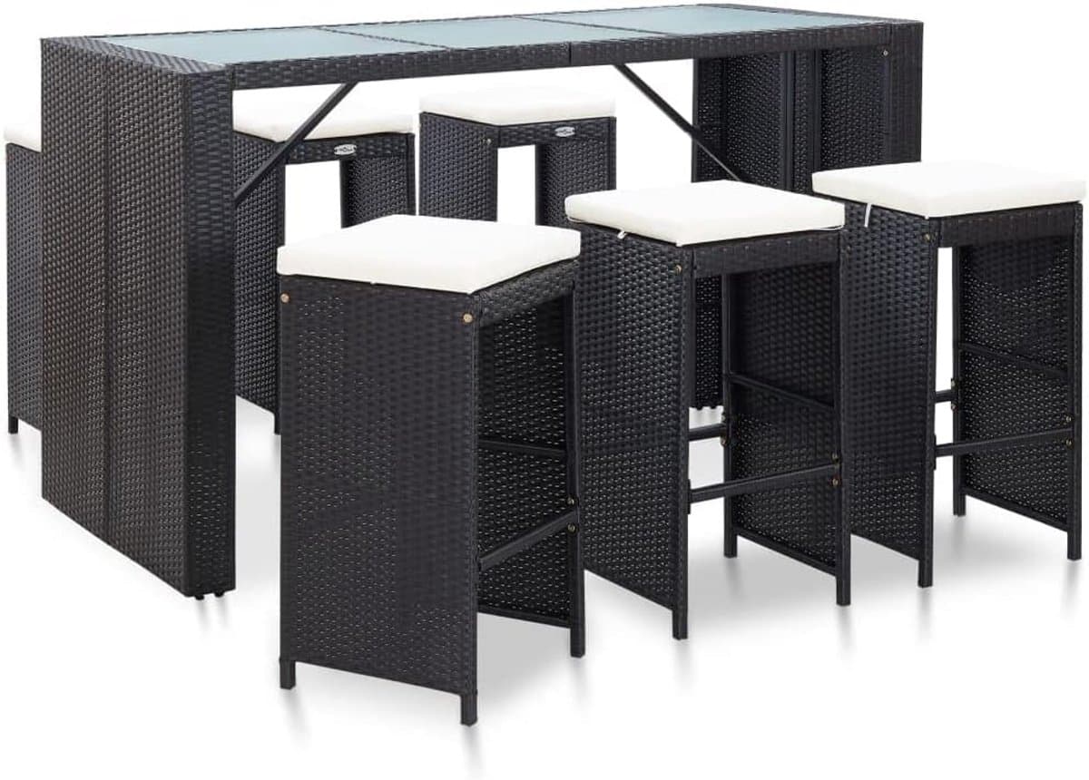 7 delige barset tuinmeubelset met kussens poly rattan zwart