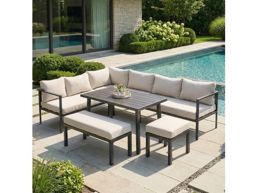 9-Persoons Hoek Eetset - Tuinmeubelset met Eettafel, Banken, Stoelen &