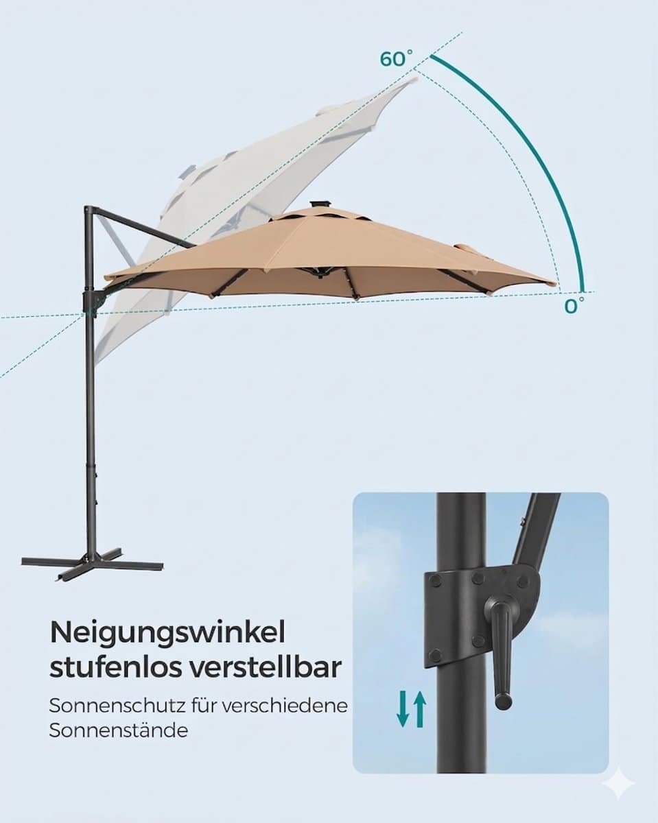 ampelschirm 300 cm met solar led verlichting, 360° draaibaar &