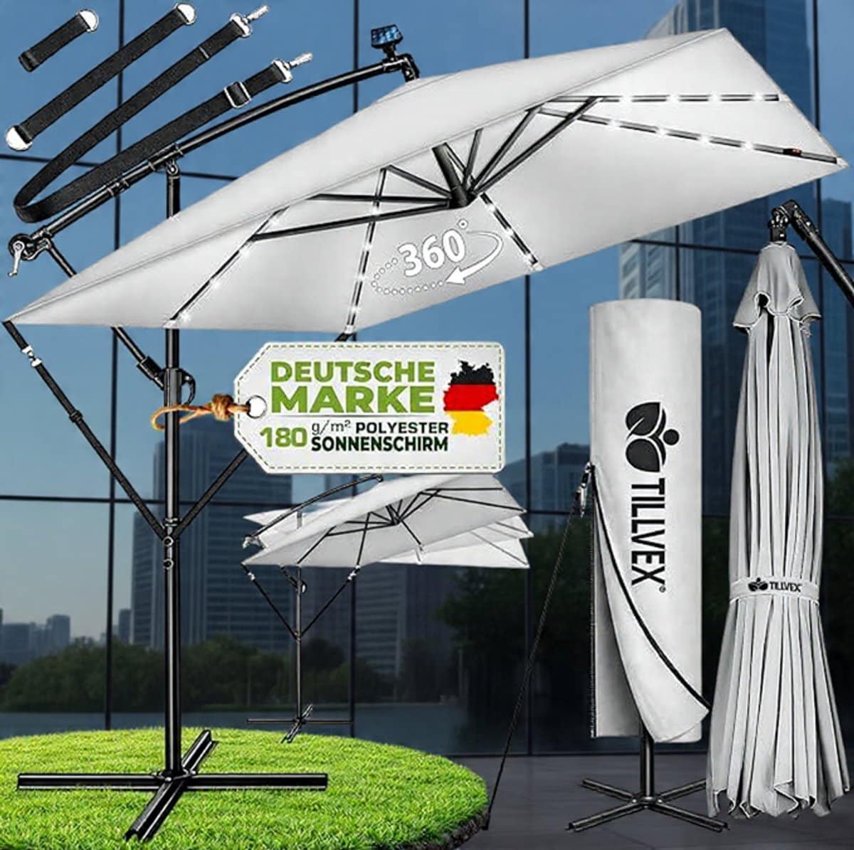 ampelschirm rechthoekig 330 cm xl, 360° draaibaar & kantelbaar (90